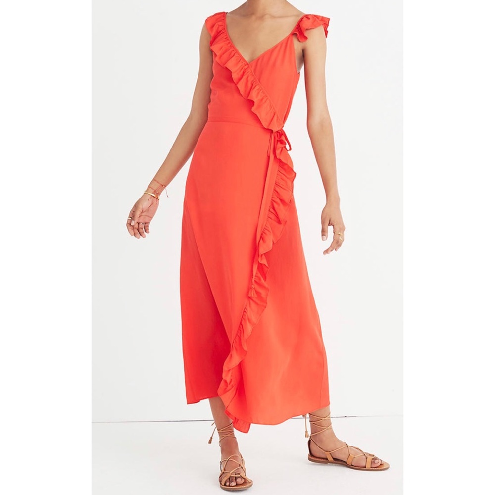 Madewell Coral Red Ruffle Wrap Maxi Dress
